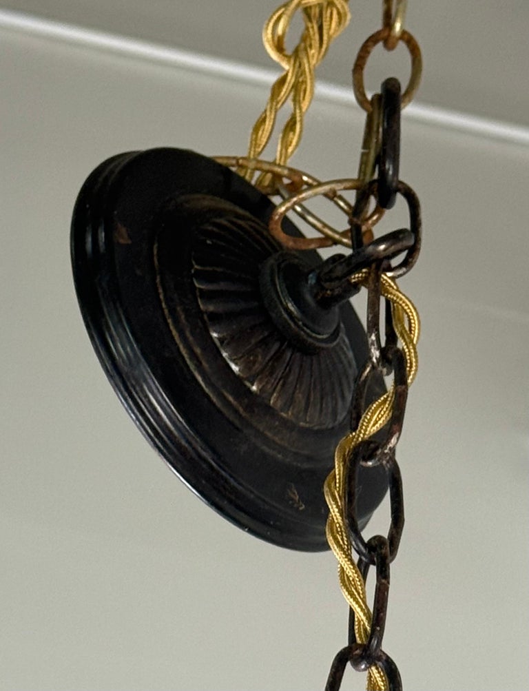 Pair of Antique Revival Hanging Pendant Lights with Marbled Glass Shades