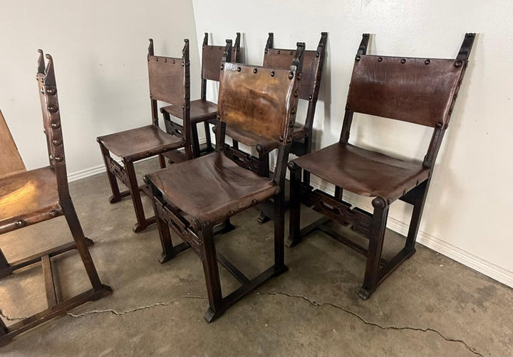 Set of Six Spanish Revival Leather and Carved Wood Armchairs