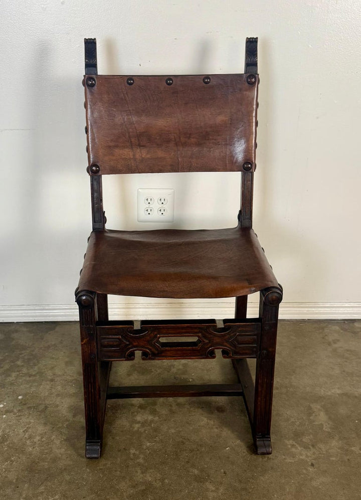 Set of Six Spanish Revival Leather and Carved Wood Armchairs