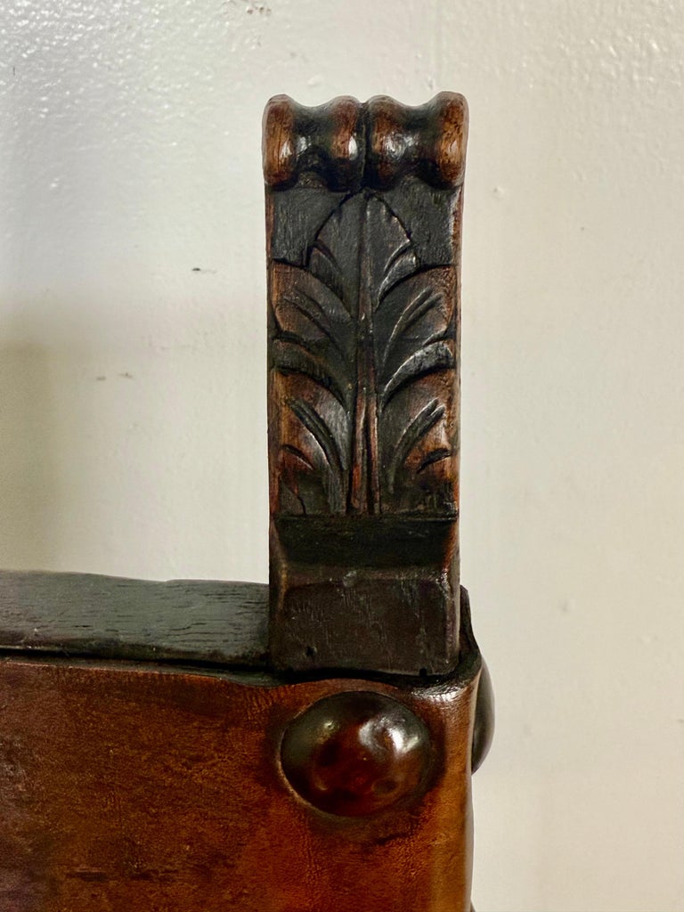 Set of Six Spanish Revival Leather and Carved Wood Armchairs