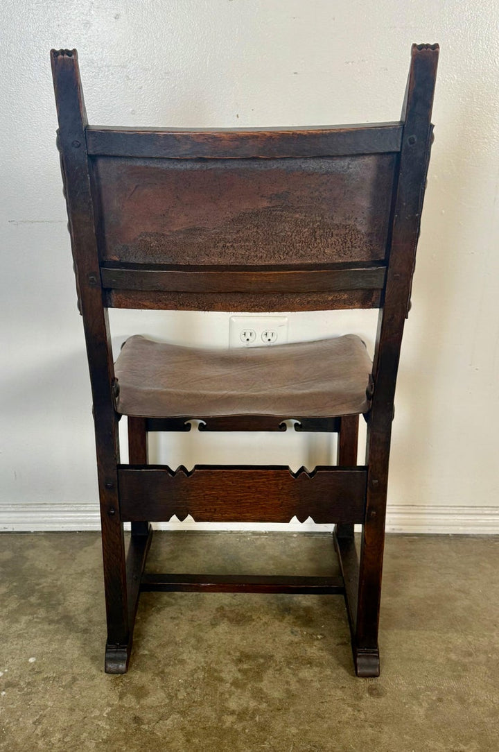 Set of Six Spanish Revival Leather and Carved Wood Armchairs