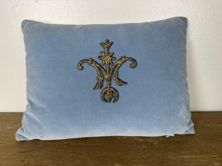 Petite Pillow with 19th Century Metallic Appliqué on Blue Velvet