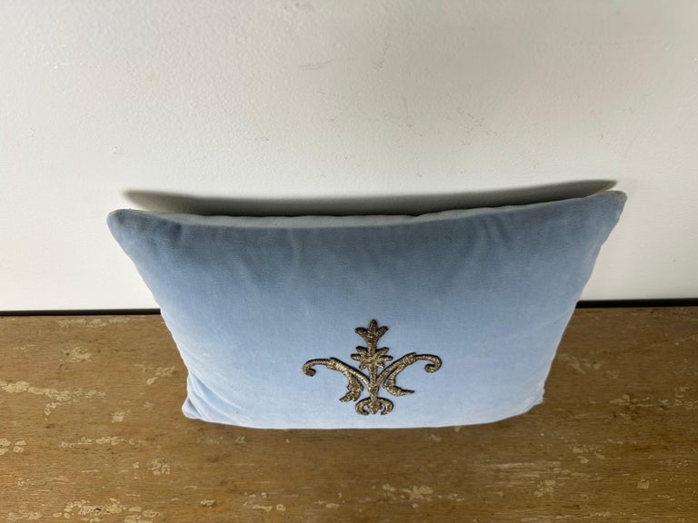 Petite Pillow with 19th Century Metallic Appliqué on Blue Velvet
