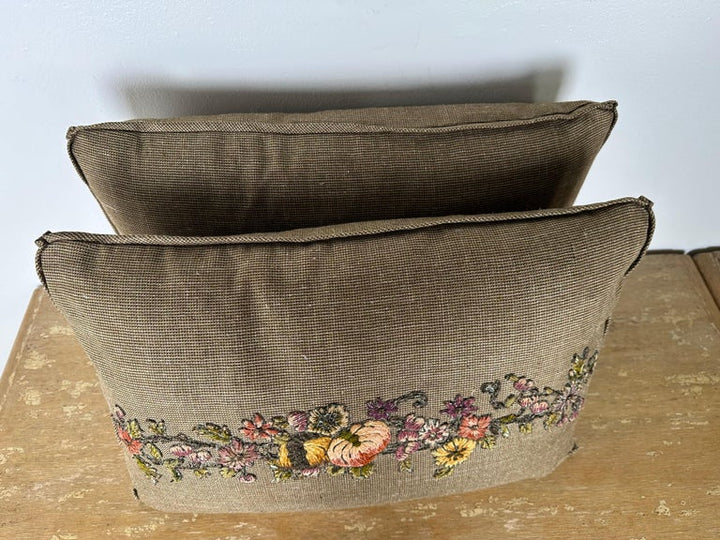 Custom Metallic & Chenille Appliqué Pillows on Textured Ground, Pair