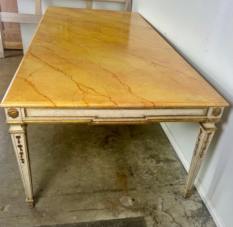 Italian Neoclassical Style Painted & Parcel Gilt Dining Table w/ Faux Marble Top