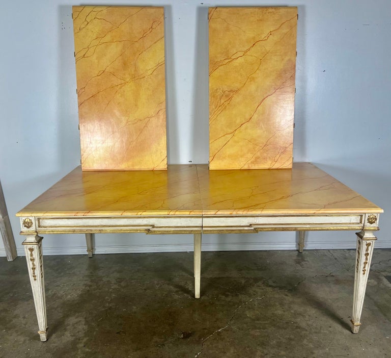 Italian Neoclassical Style Painted & Parcel Gilt Dining Table w/ Faux Marble Top