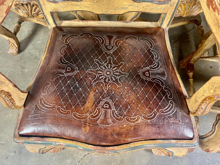 (8) French Provincial Hand Painted Dining Chairs w/ Leather Embossed Seats