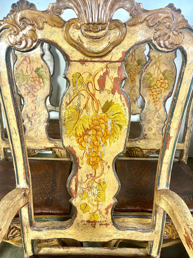(8) French Provincial Hand Painted Dining Chairs w/ Leather Embossed Seats