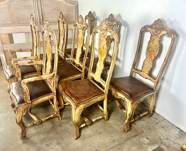 (8) French Provincial Hand Painted Dining Chairs w/ Leather Embossed Seats