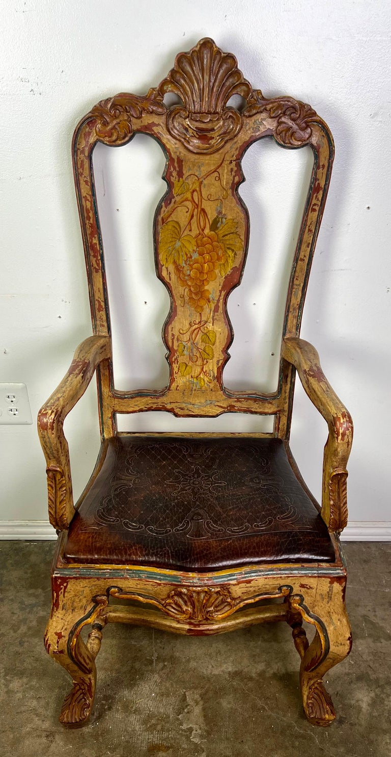 (8) French Provincial Hand Painted Dining Chairs w/ Leather Embossed Seats