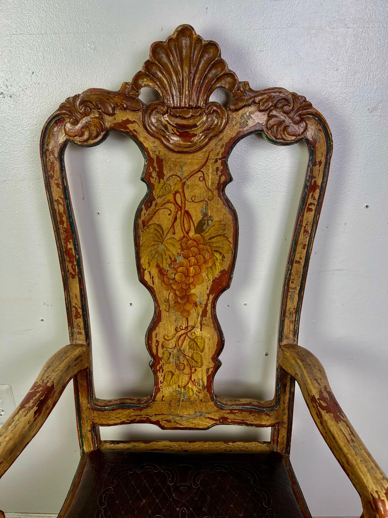 (8) French Provincial Hand Painted Dining Chairs w/ Leather Embossed Seats
