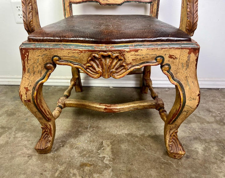 (8) French Provincial Hand Painted Dining Chairs w/ Leather Embossed Seats