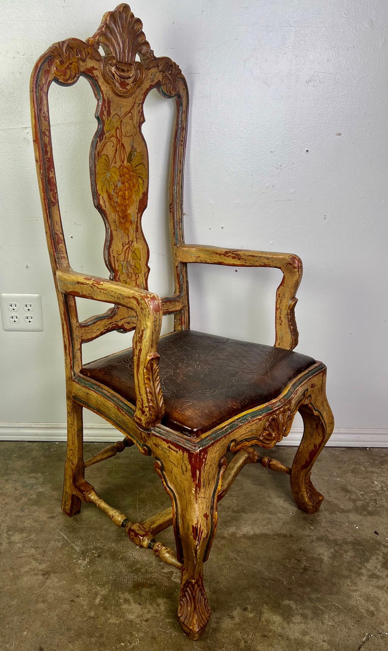 (8) French Provincial Hand Painted Dining Chairs w/ Leather Embossed Seats