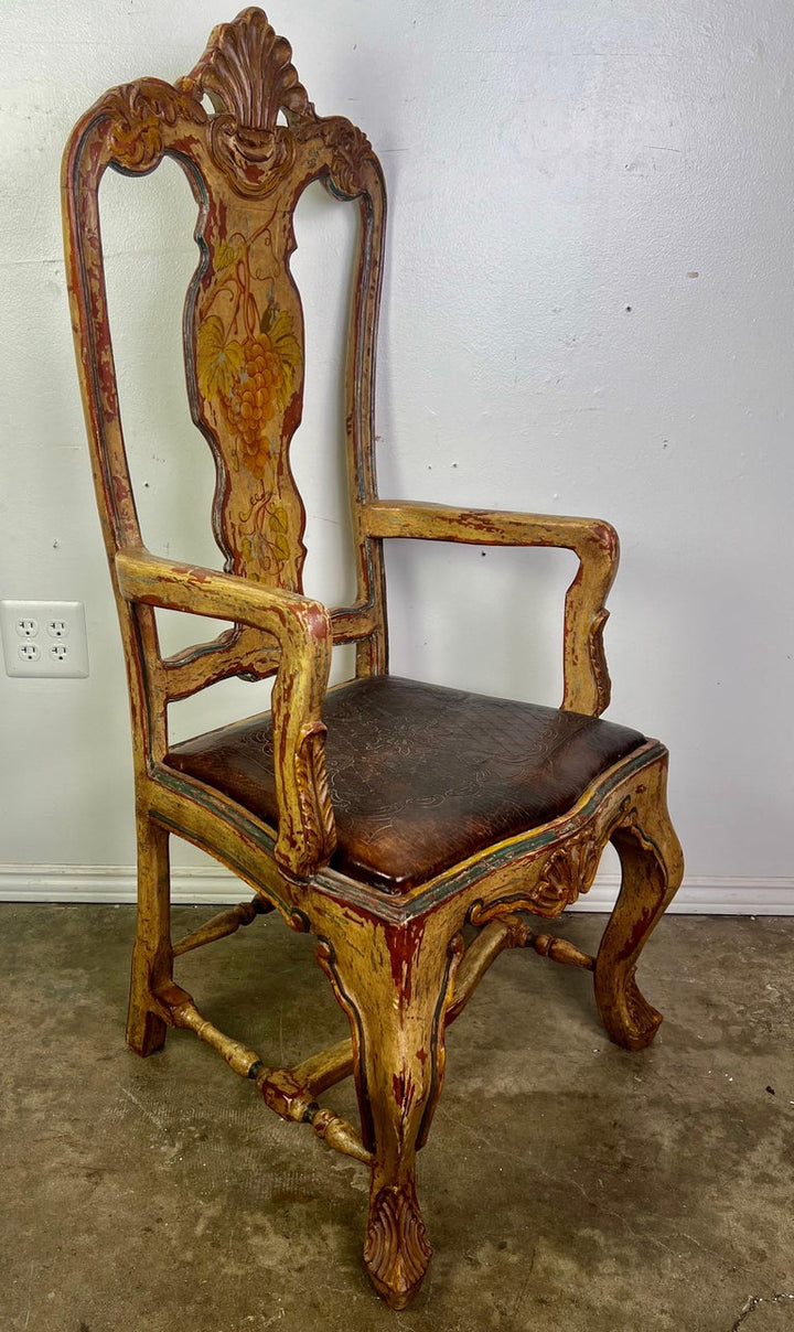 (8) French Provincial Hand Painted Dining Chairs w/ Leather Embossed Seats