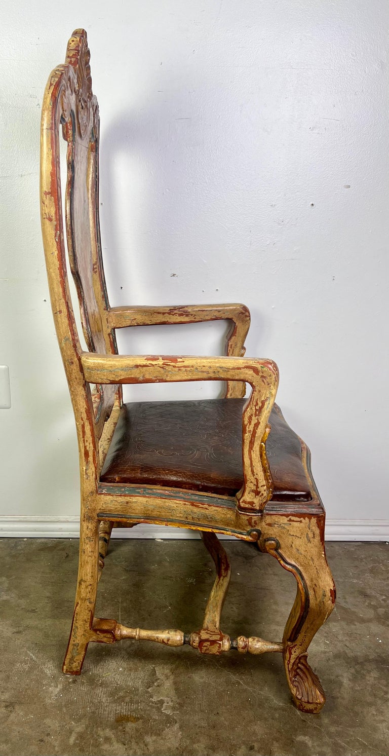 (8) French Provincial Hand Painted Dining Chairs w/ Leather Embossed Seats