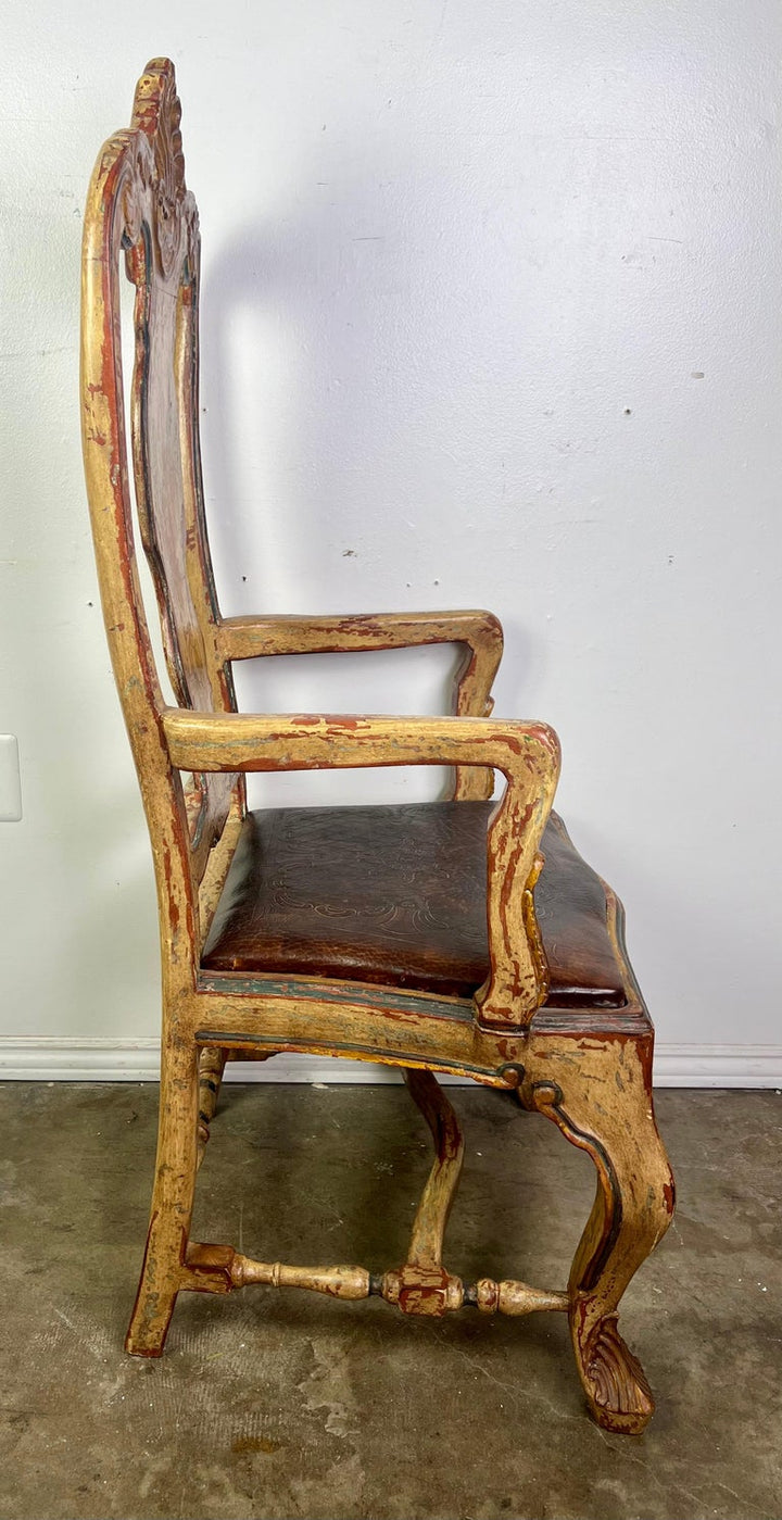 (8) French Provincial Hand Painted Dining Chairs w/ Leather Embossed Seats