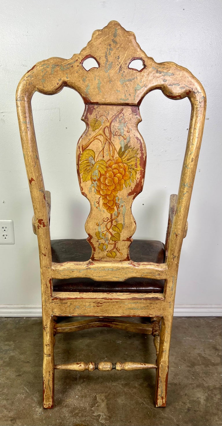 (8) French Provincial Hand Painted Dining Chairs w/ Leather Embossed Seats