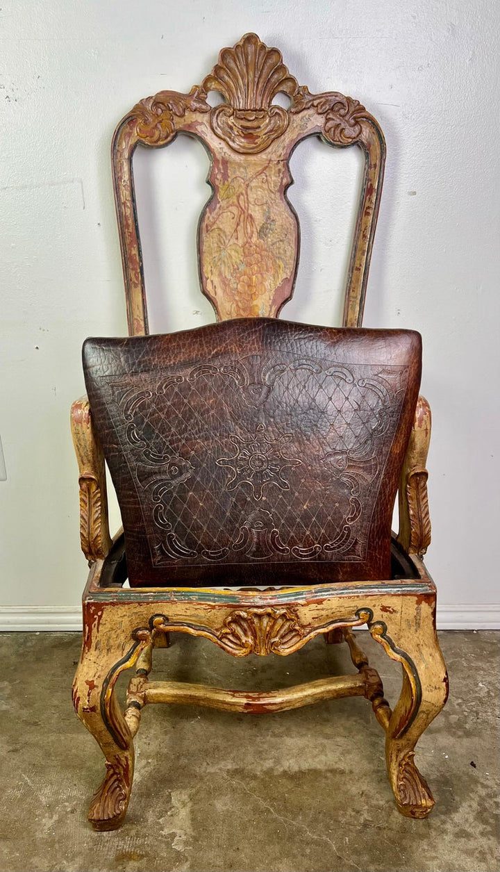 (8) French Provincial Hand Painted Dining Chairs w/ Leather Embossed Seats