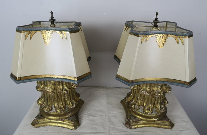 19th Century Giltwood Capital Lamps with Parchment Shades, Pair