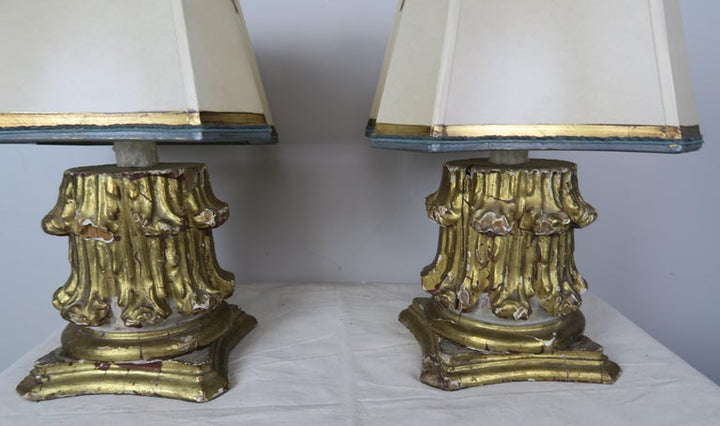 19th Century Giltwood Capital Lamps with Parchment Shades, Pair