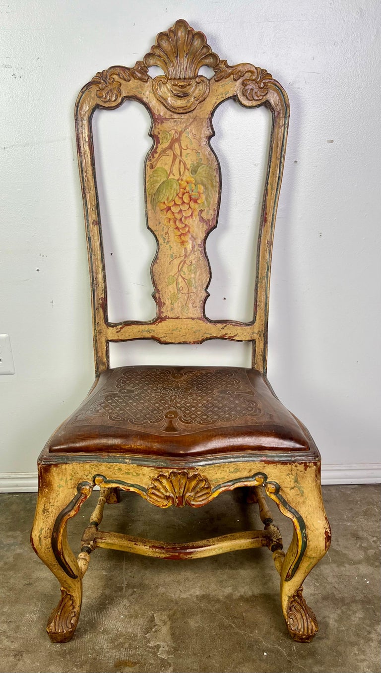 (8) French Provincial Hand Painted Dining Chairs w/ Leather Embossed Seats