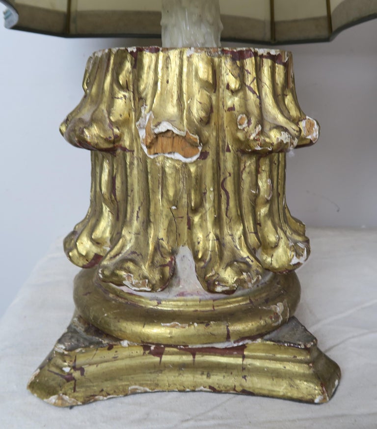 19th Century Giltwood Capital Lamps with Parchment Shades, Pair