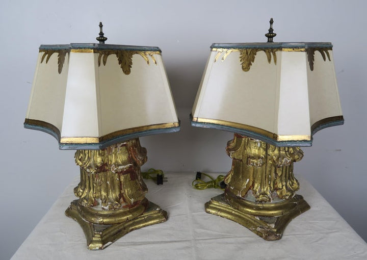 19th Century Giltwood Capital Lamps with Parchment Shades, Pair