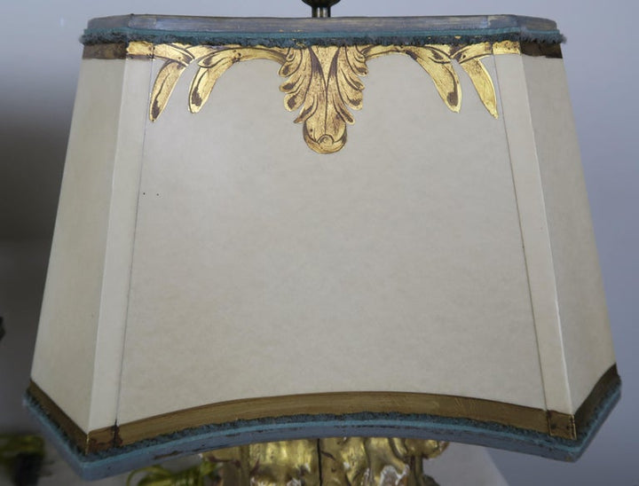 19th Century Giltwood Capital Lamps with Parchment Shades, Pair