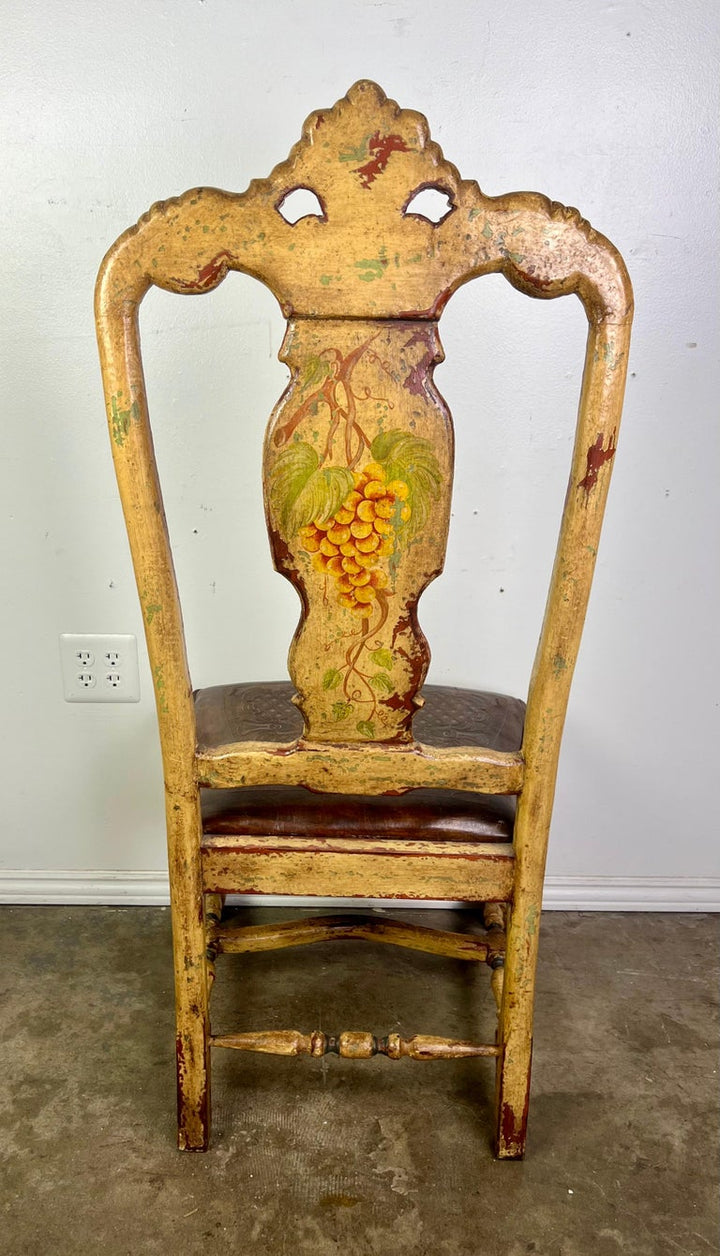 (8) French Provincial Hand Painted Dining Chairs w/ Leather Embossed Seats