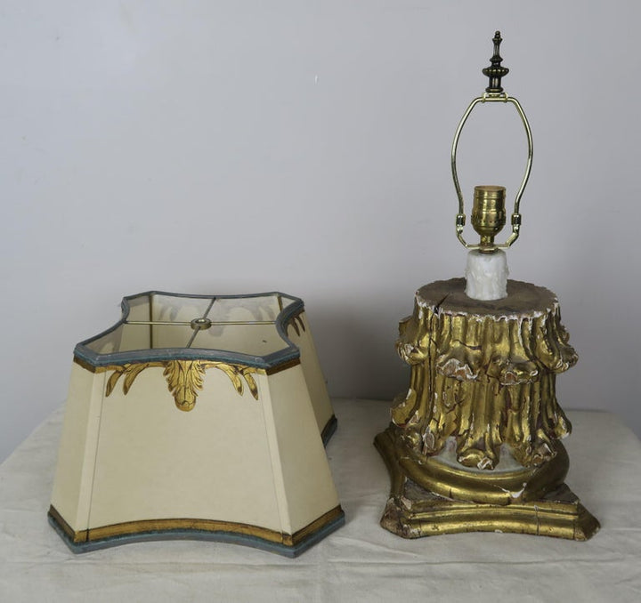 19th Century Giltwood Capital Lamps with Parchment Shades, Pair