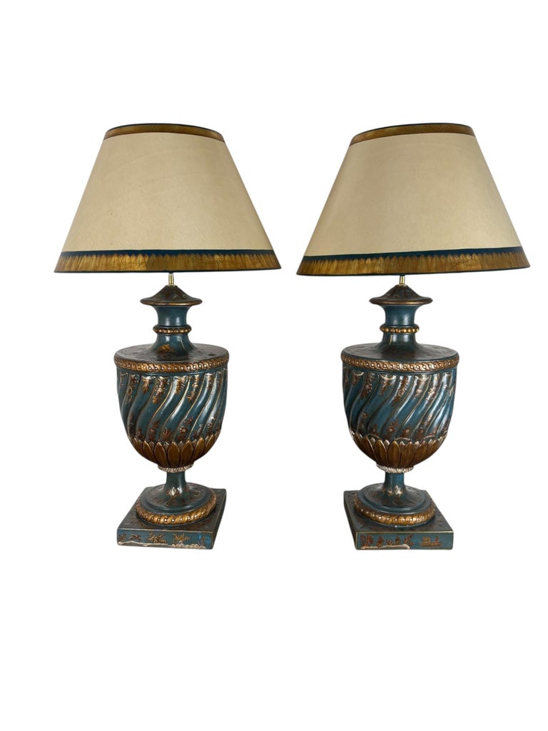 Pair of Hand Painted Chinoiserie Lamps w/ Parchment Shades