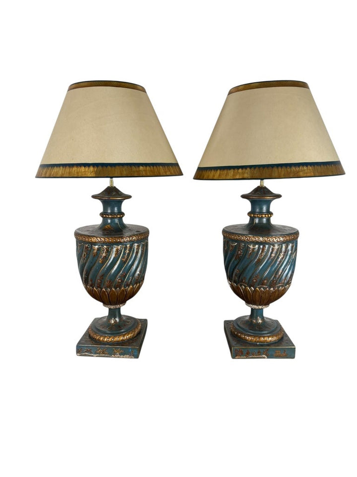 Pair of Hand Painted Chinoiserie Lamps w/ Parchment Shades