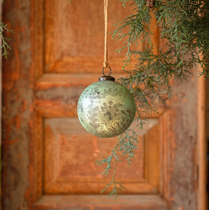 Spruce Antique Foil Glass Etched 4" Ball Ornament