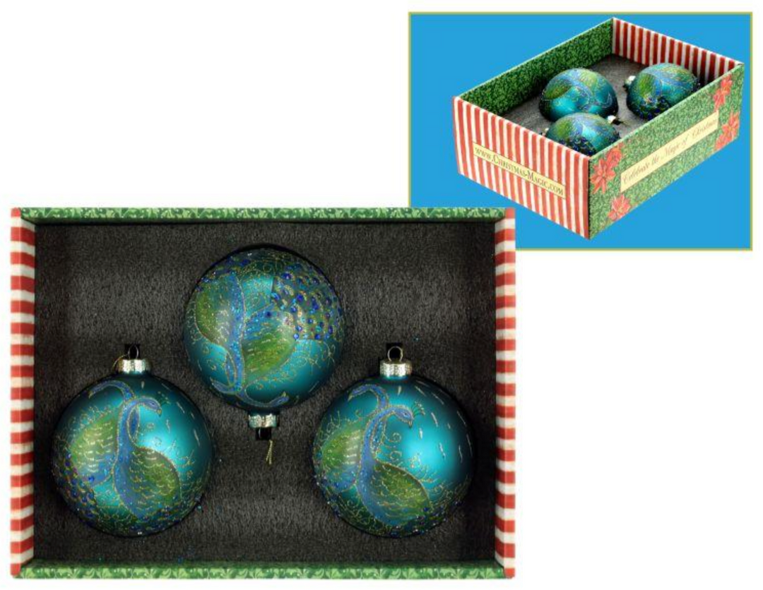 Peacock Ball Ornament, Box of 3 - 5 Inches