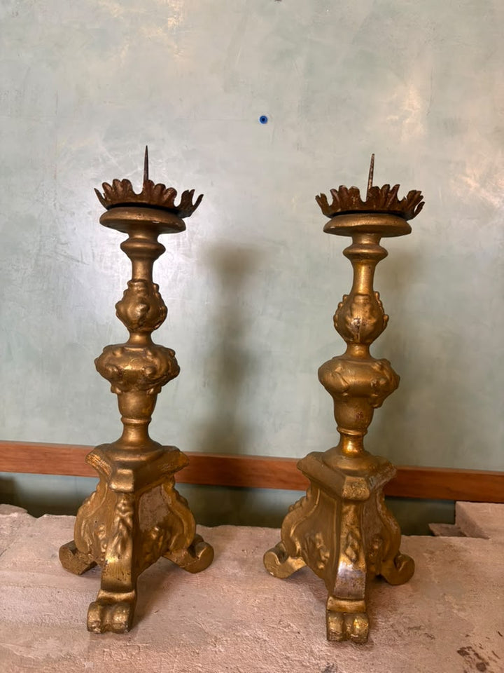 Pair of 18th Century Italian Baroque Giltwood Altar Pricket Candlesticks