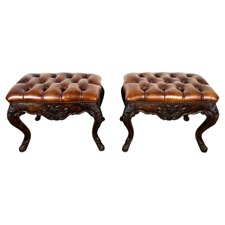 Pair of French Walnut Leather Tufted Benches