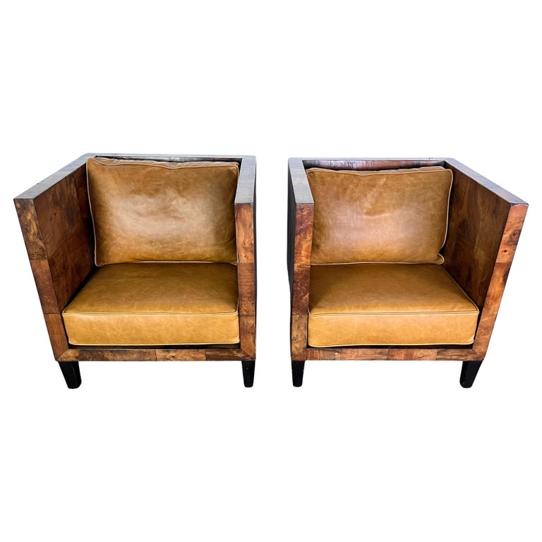 Pair of Modern Burl Walnut Armchairs w/ Leather Cushions