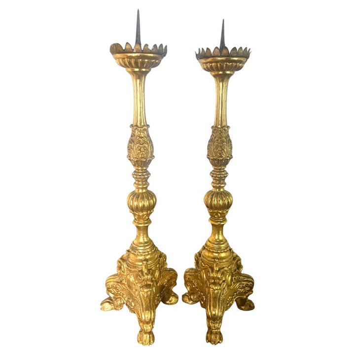 Pair of 19th C. Gilt Wood Candlesticks w/ Iron Bobeches