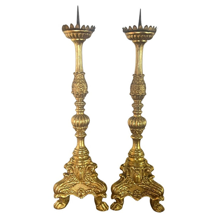 Pair of 19th C. Gilt Wood Candlesticks w/ Iron Bobeches