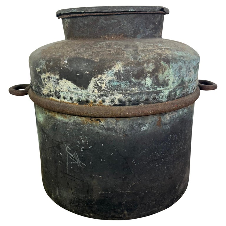 Antique Copper Storage Vessel with Verdigris Patina, 19th Century