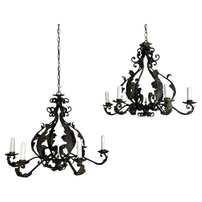 Pair of Spanish Six-Light Wrought Iron Chandeliers