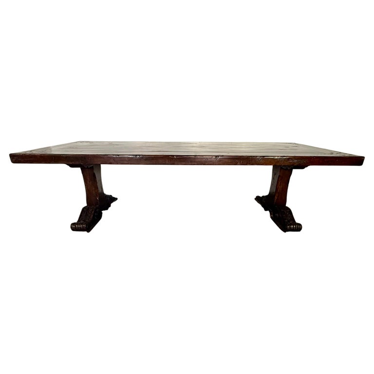 Monumental Spanish Revival Carved Trestle Dining Table, Early 20th Century