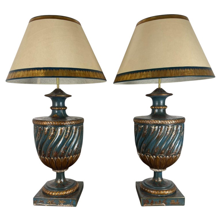 Pair of Hand Painted Chinoiserie Lamps w/ Parchment Shades