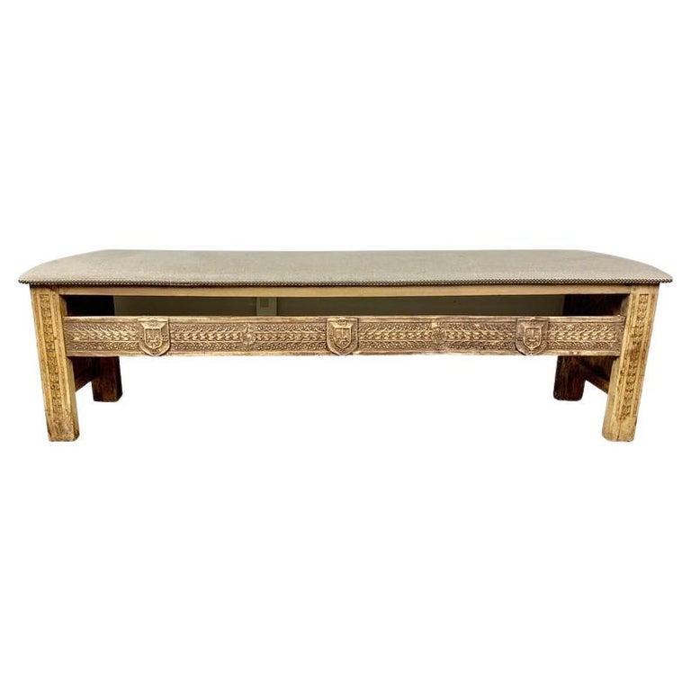Monumental Spanish Carved Wood Bench with Linen Upholstery