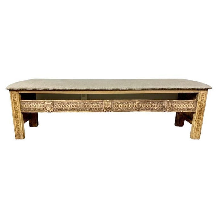 Monumental Spanish Carved Wood Bench with Linen Upholstery