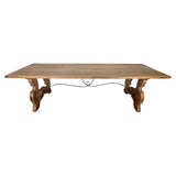 Handcrafted Solid Wood Trestle Dining Table with Wrought Iron Stretcher