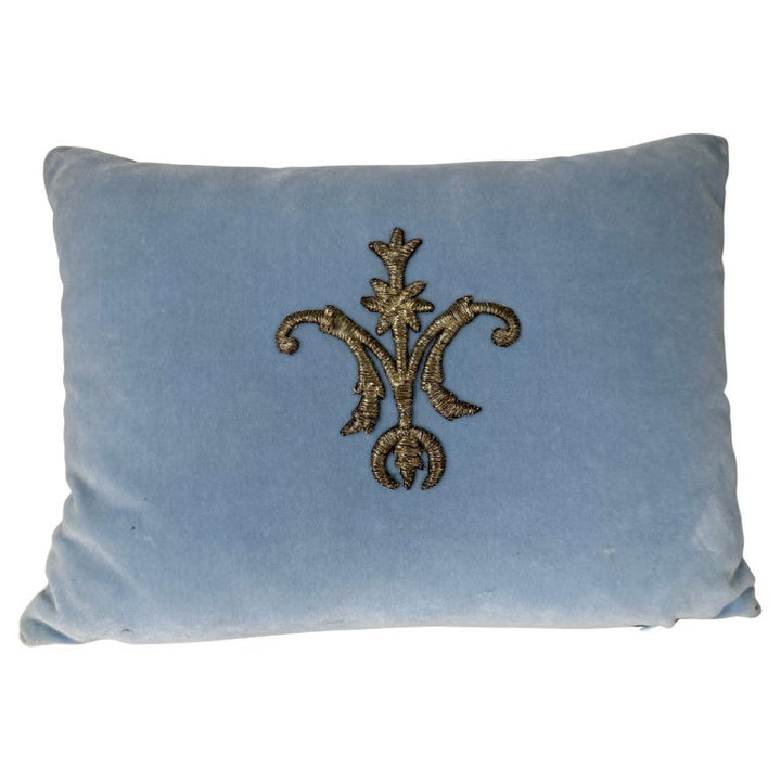 Petite Pillow with 19th Century Metallic Appliqué on Blue Velvet