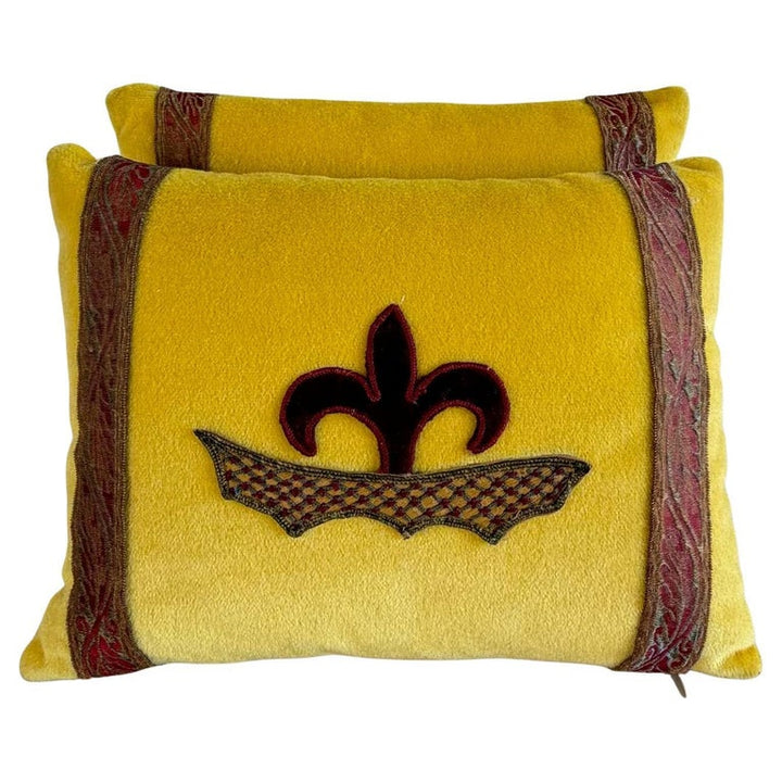 Pair of Yellow Velvet Decorative Pillows with Fleur-de-Lis Applique