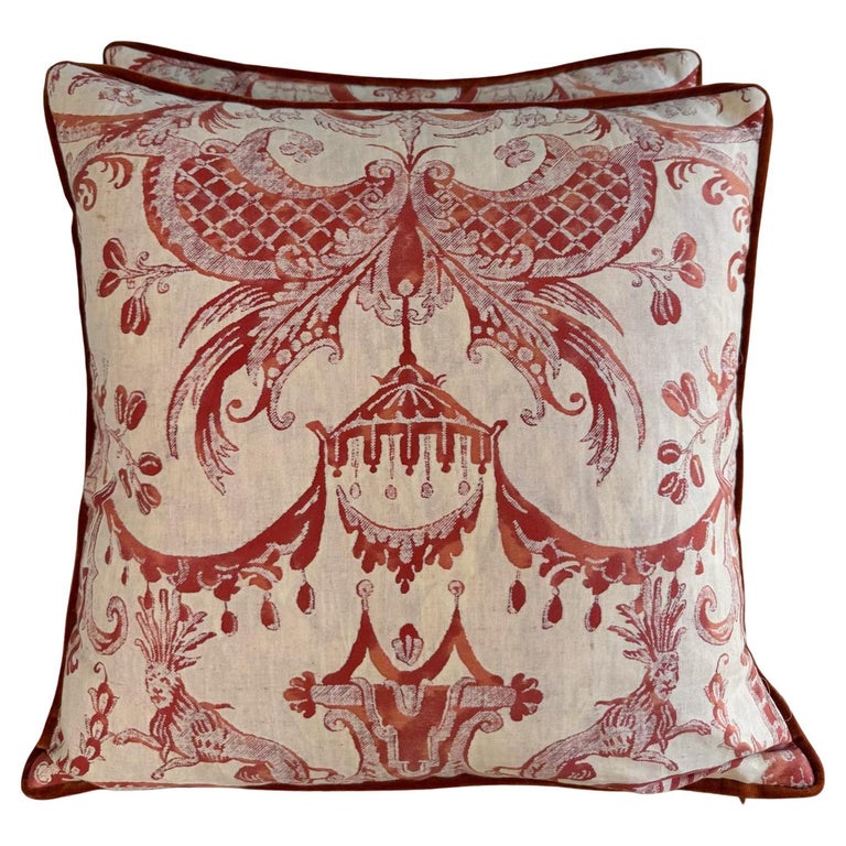 Pair of Authentic Fortuny Pillows in the Mezzano Pattern with Velvet Backs