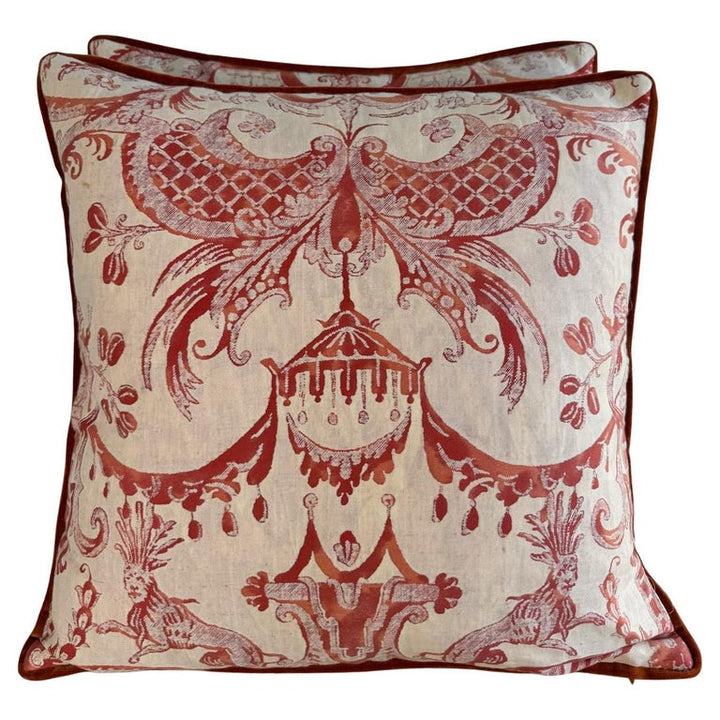 Pair of Authentic Fortuny Pillows in the Mezzano Pattern with Velvet Backs